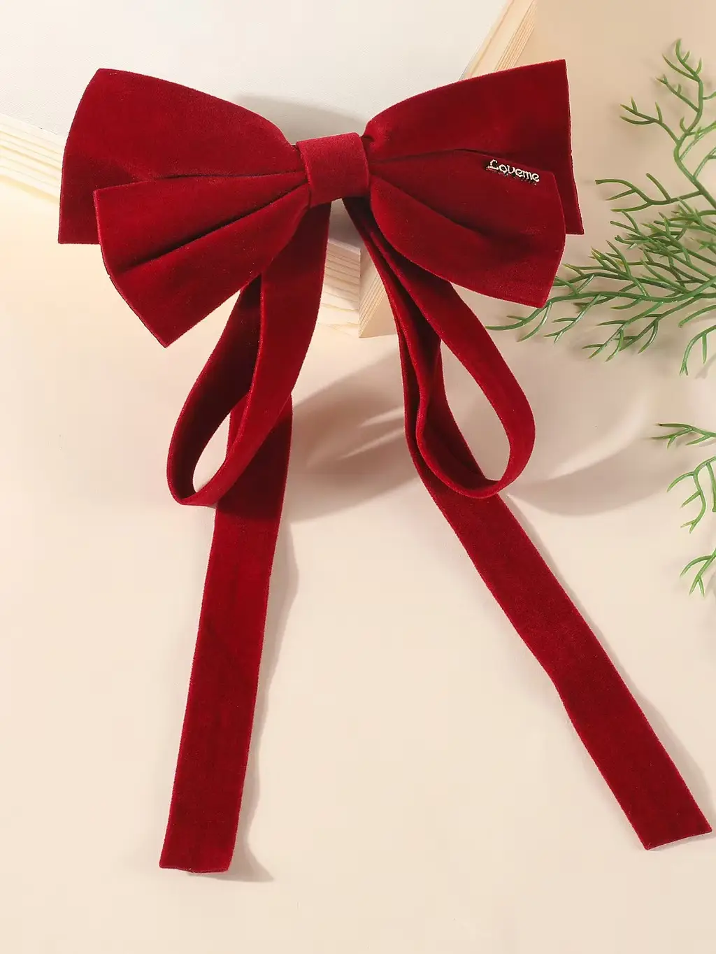 Velvet Spring Clip Bow Red with Pearl Trim