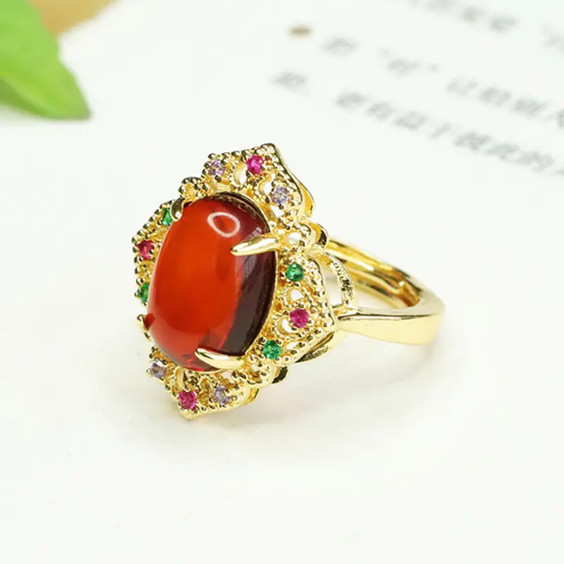 Aiyu Natural Amber Ring Ethnic Style Gold Plated - Image 2