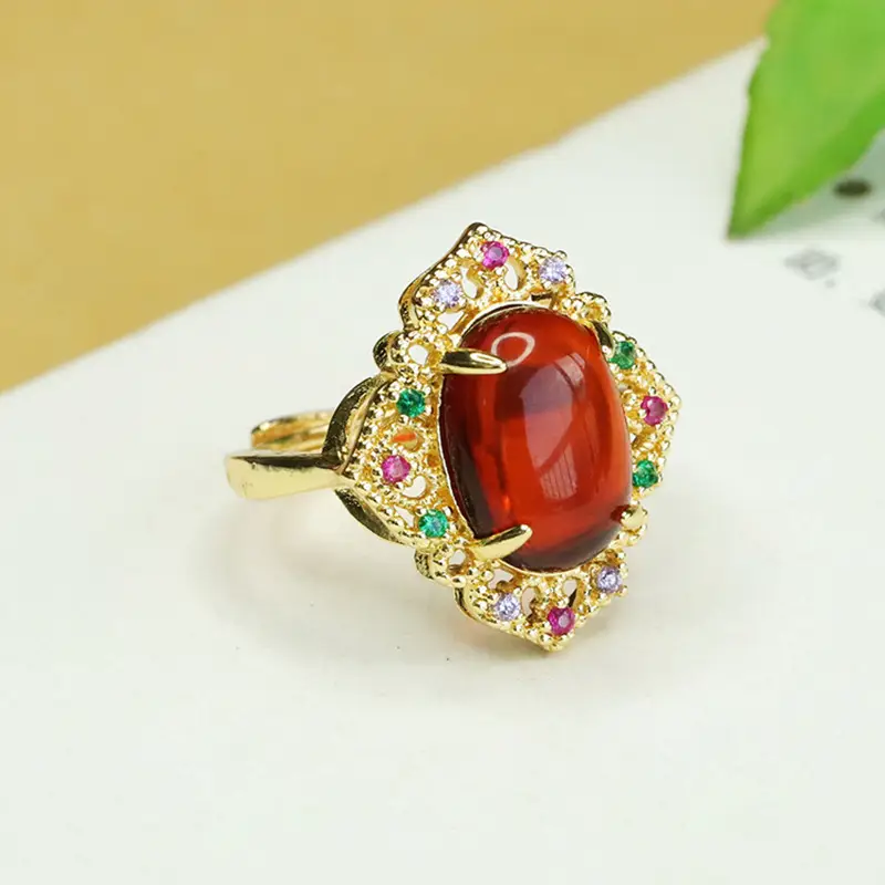 Aiyu Natural Amber Ring Ethnic Style Gold Plated - Image 3