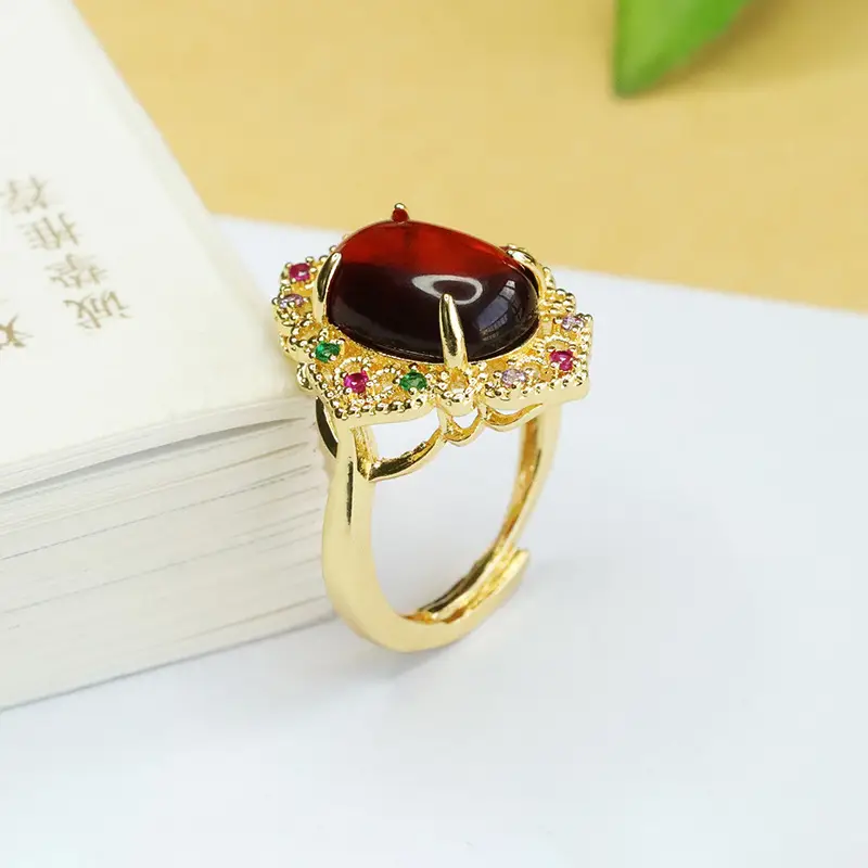 Aiyu Natural Amber Ring Ethnic Style Gold Plated - Image 4