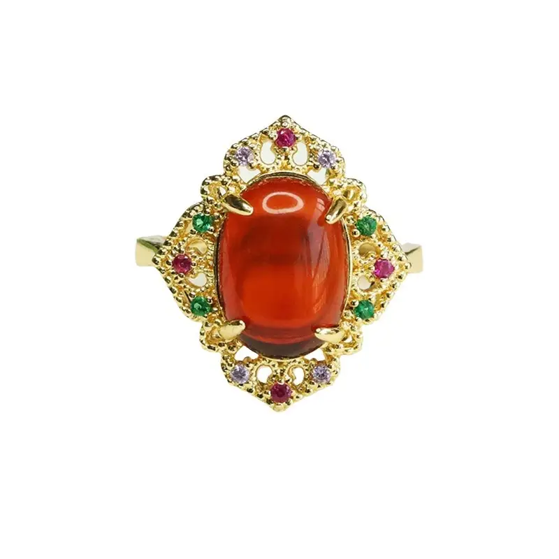 Aiyu Natural Amber Ring Ethnic Style Gold Plated - Image 5
