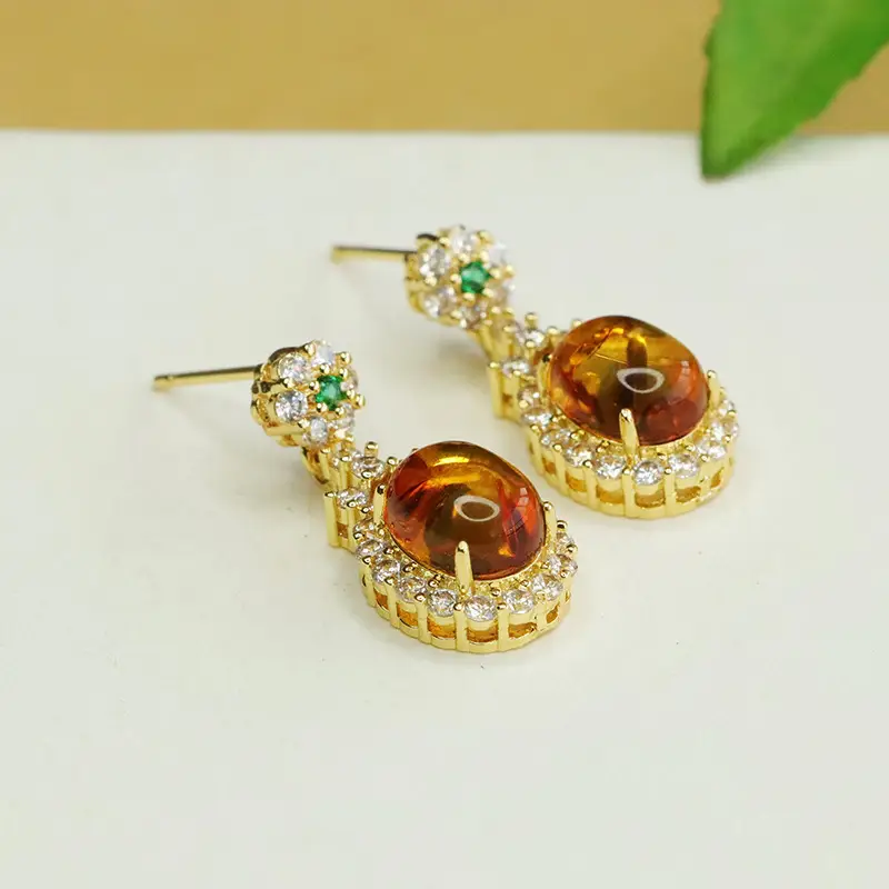 Natural Amber Clover Earrings Drop Earrings Gold Plated - Image 2