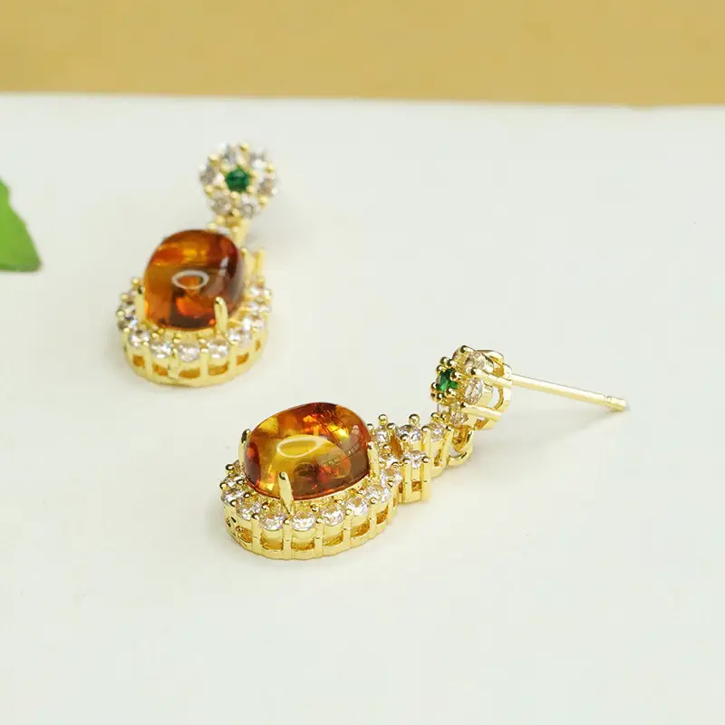 Natural Amber Clover Earrings Drop Earrings Gold Plated - Image 3