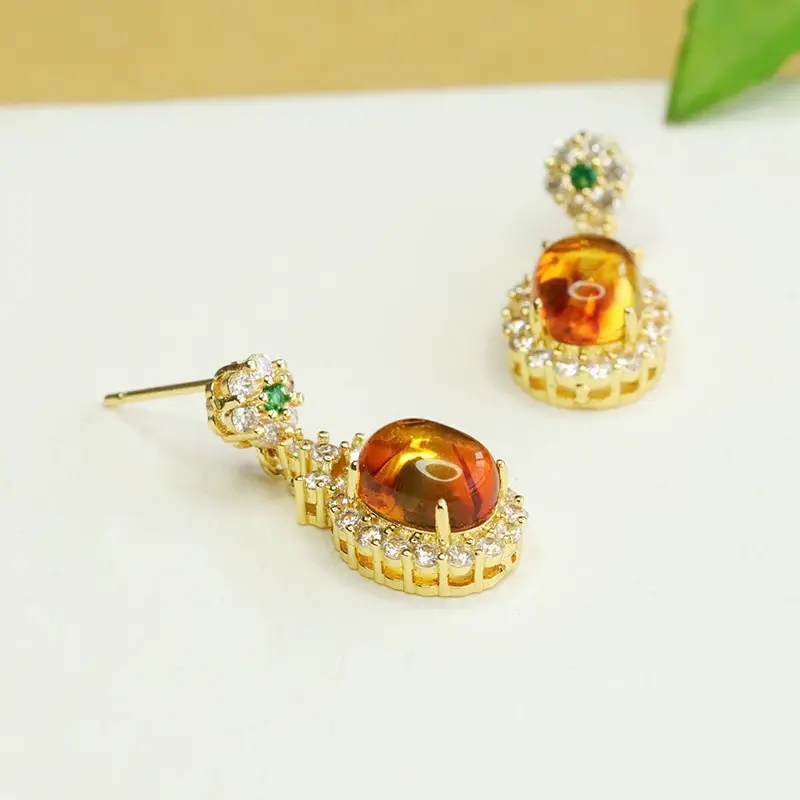 Natural Amber Clover Earrings Drop Earrings Gold Plated - Image 4