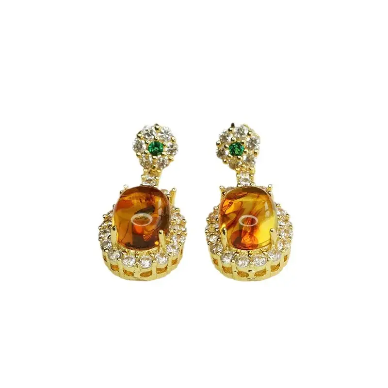 Natural Amber Clover Earrings Drop Earrings Gold Plated - Image 5