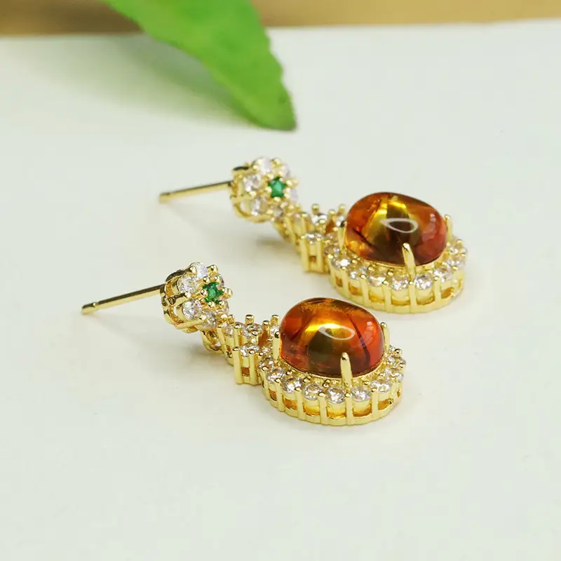 Natural Amber Clover Earrings Drop Earrings Gold Plated — feature 10