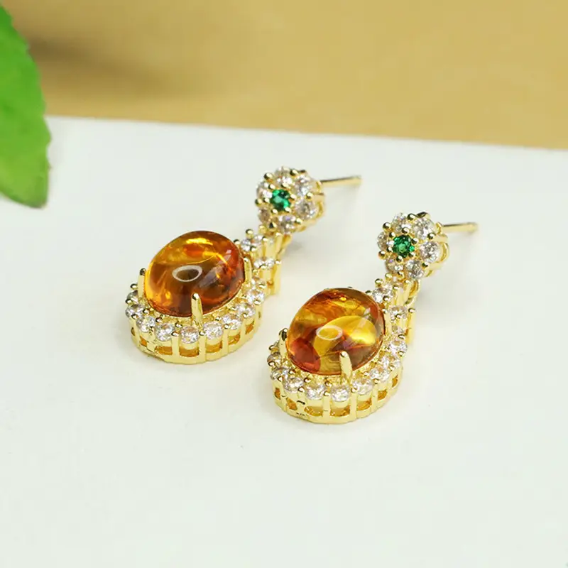 Natural Amber Clover Earrings Drop Earrings Gold Plated — feature 3