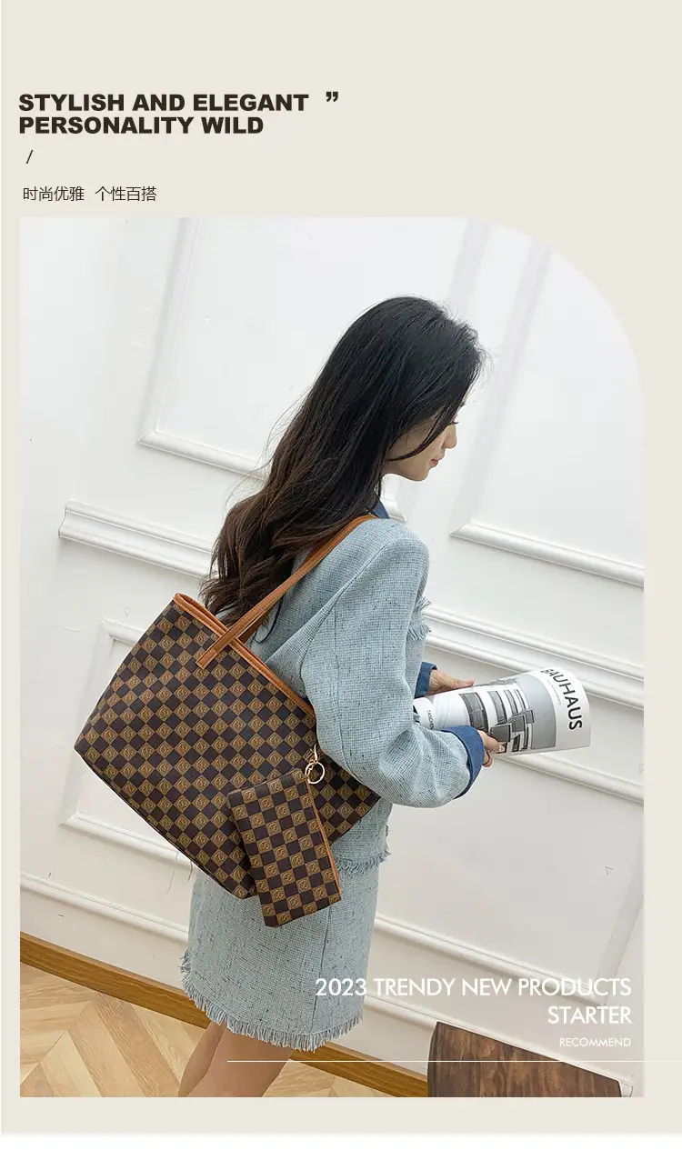 2-piece Chessboard Plaid Tote Bag with Wallet & Pendant — feature 1