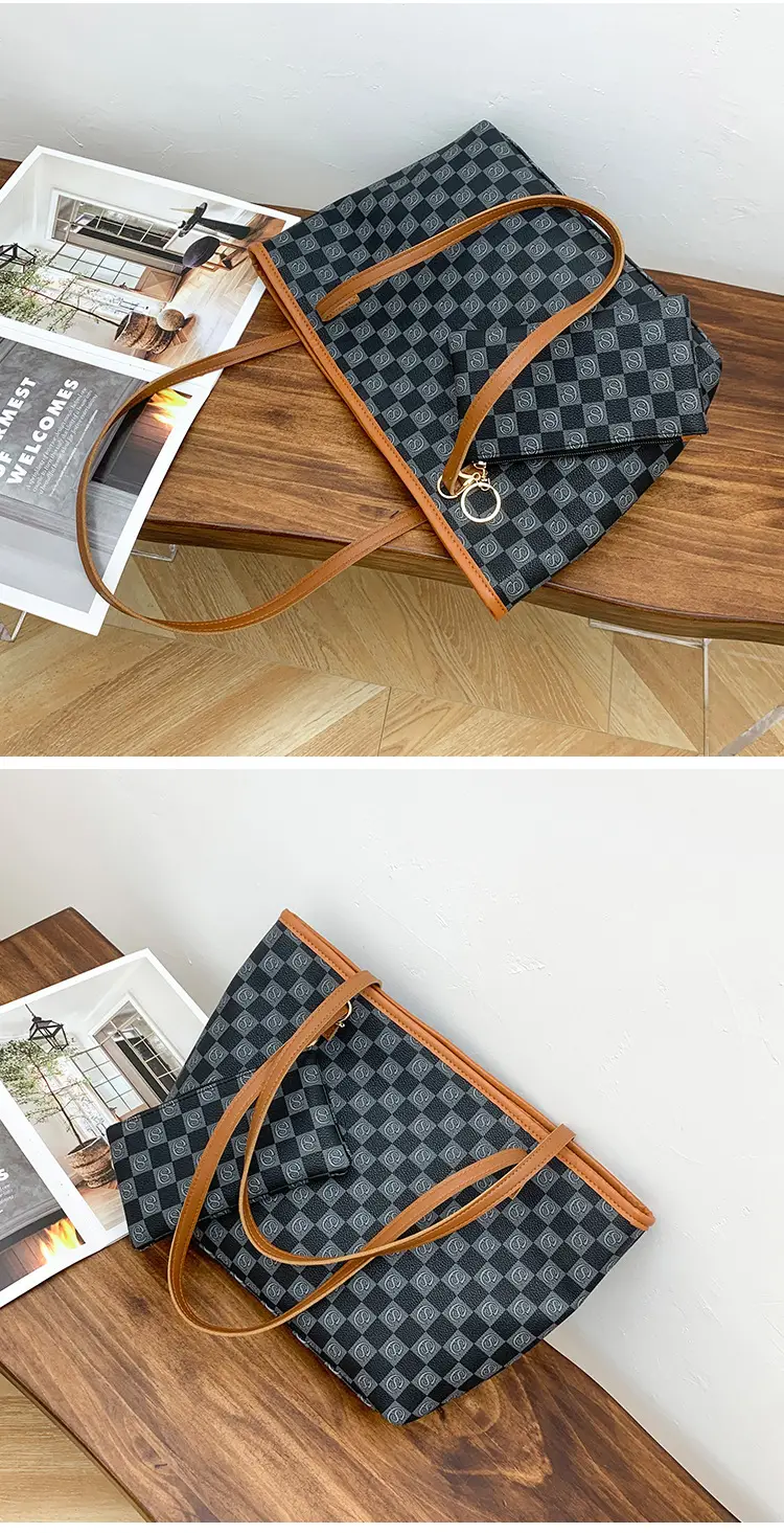 2-piece Chessboard Plaid Tote Bag with Wallet & Pendant — feature 13