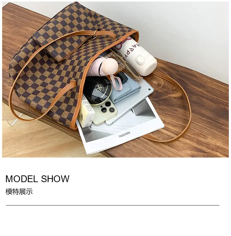 2-piece Chessboard Plaid Tote Bag with Wallet & Pendant — feature 6