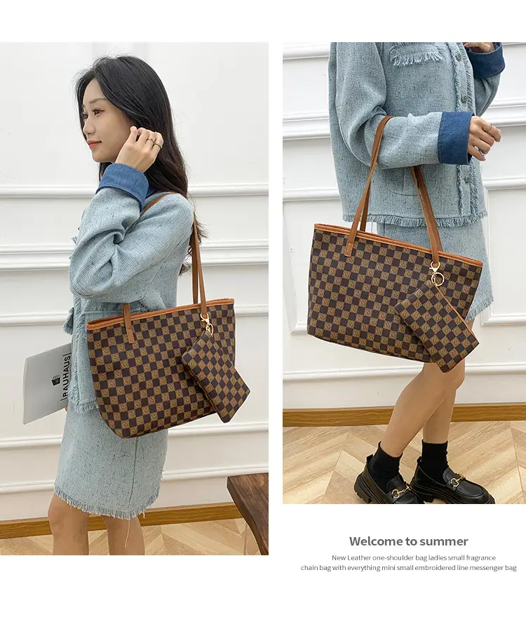 2-piece Chessboard Plaid Tote Bag with Wallet & Pendant — feature 9