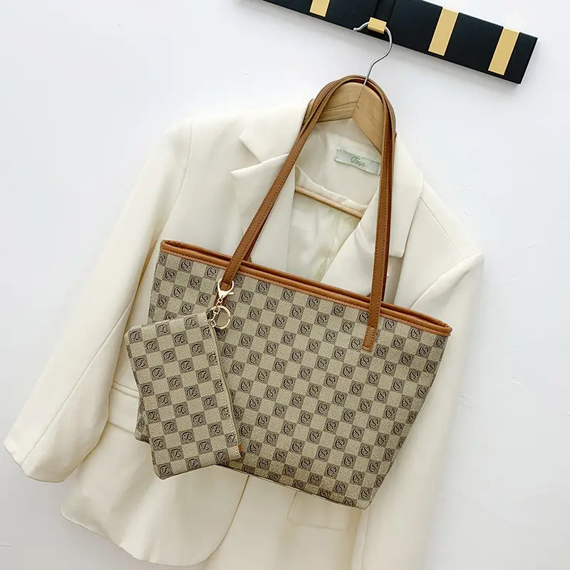 2-piece Chessboard Plaid Tote Bag with Wallet & Pendant - Image 2