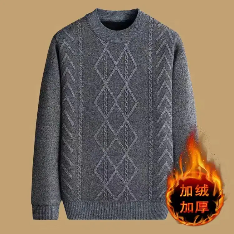 Men Thickened Blue Winter Sweater Round Neck Warm - Image 4