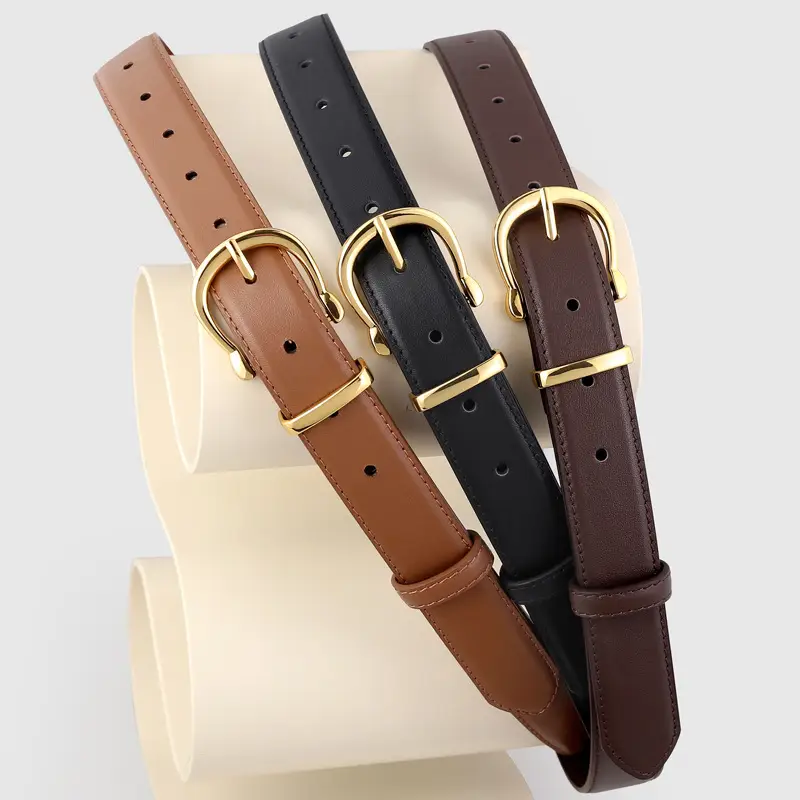 Women's Genuine Leather Belt with Gold Buckle & Pin Detail - Image 4