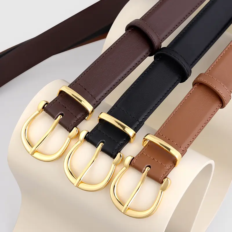 Women's Genuine Leather Belt with Gold Buckle & Pin Detail - Image 5