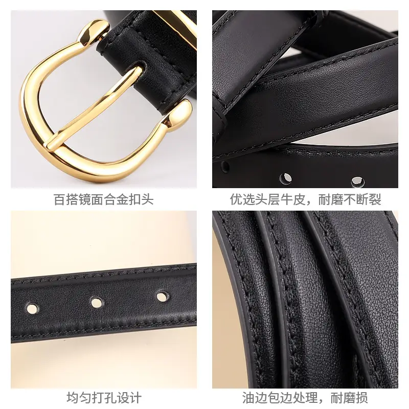 Women's Genuine Leather Belt with Gold Buckle & Pin Detail - Image 6