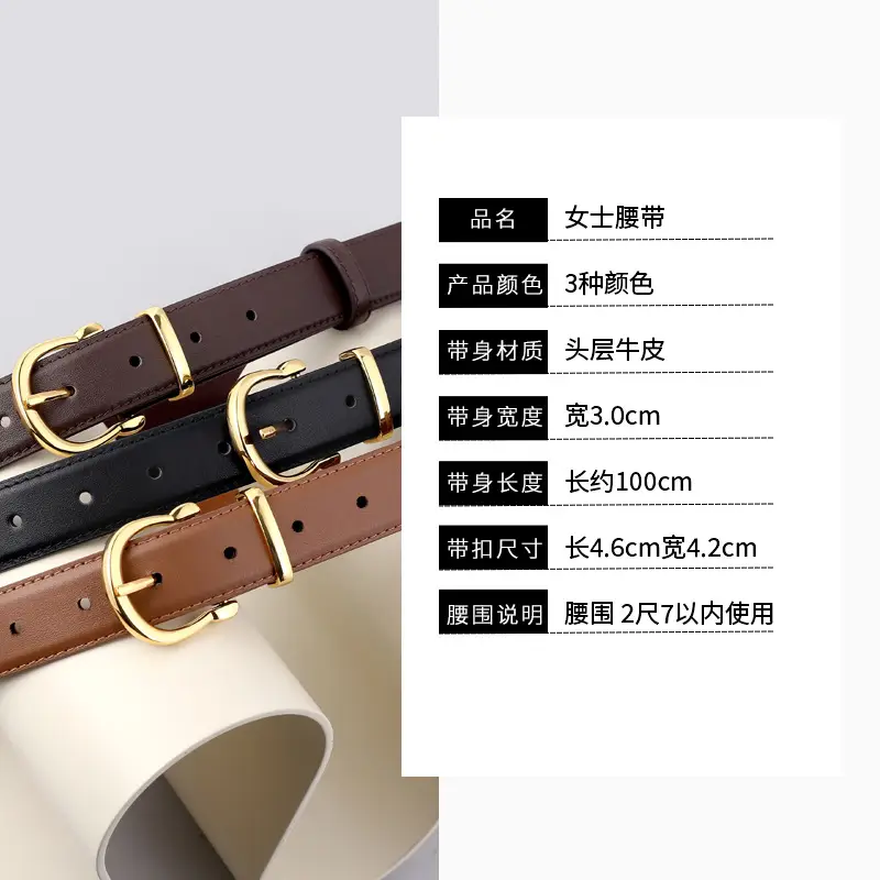 Women's Genuine Leather Belt with Gold Buckle & Pin Detail - Image 7