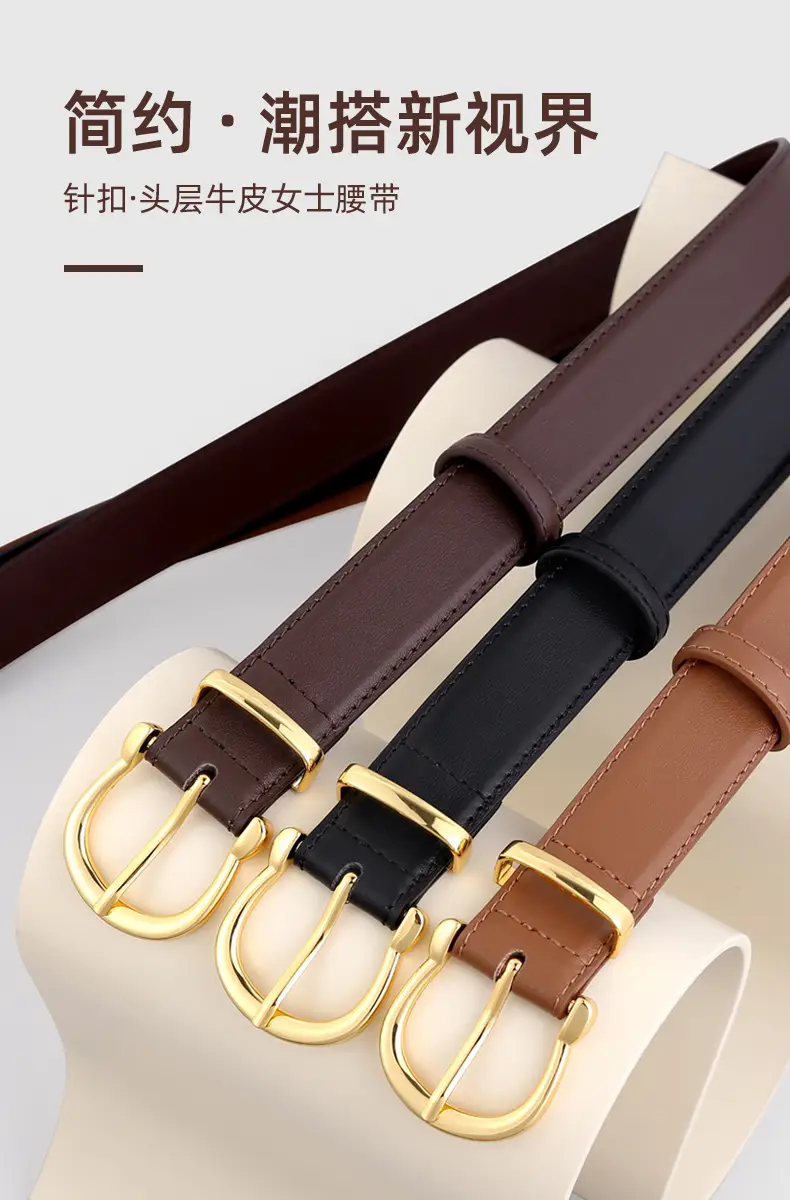 Women's Genuine Leather Belt with Gold Buckle & Pin Detail — feature 1