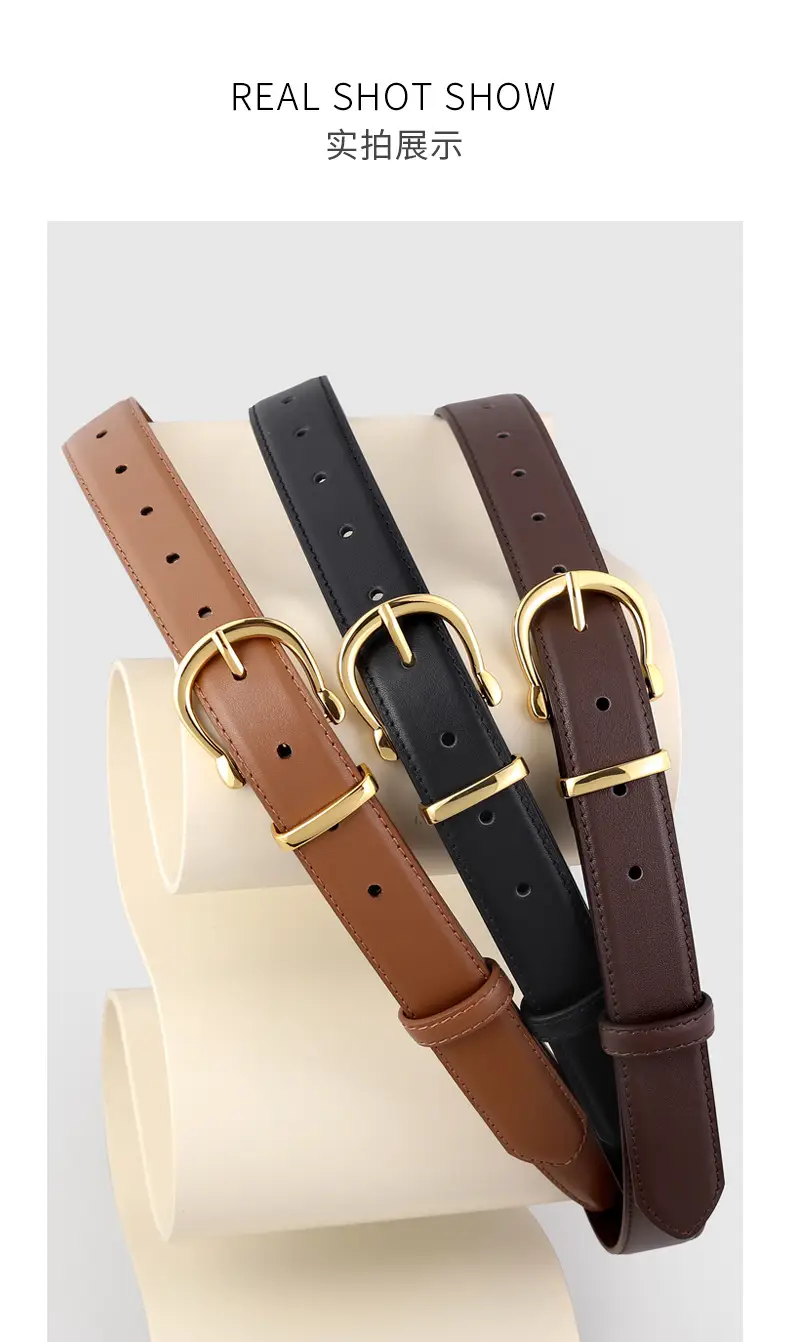 Women's Genuine Leather Belt with Gold Buckle & Pin Detail — feature 11