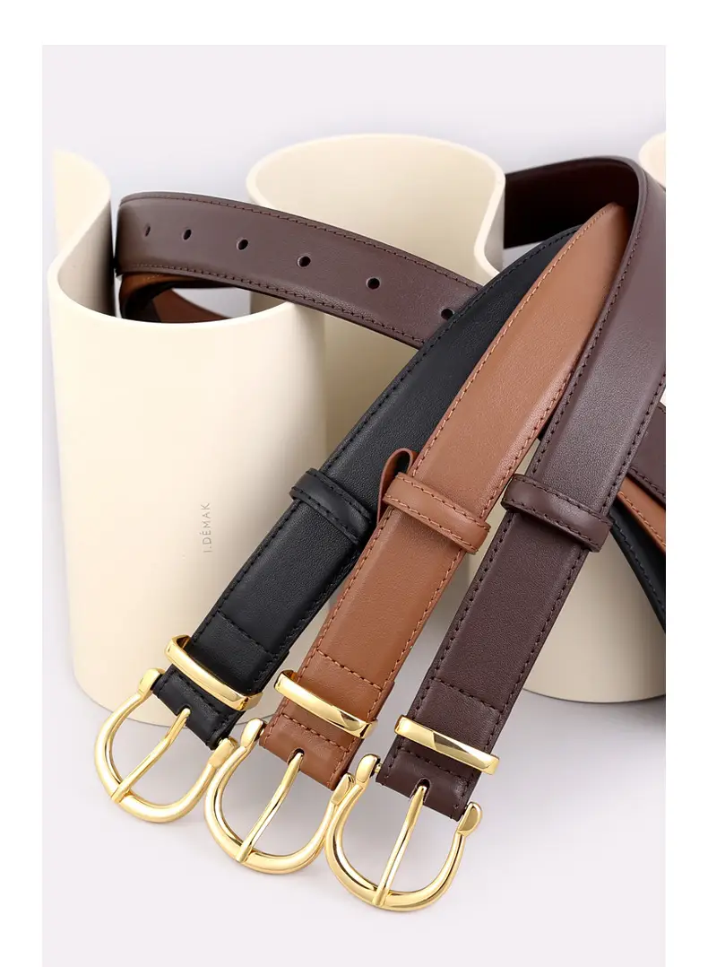 Women's Genuine Leather Belt with Gold Buckle & Pin Detail — feature 12