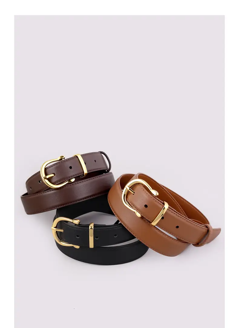 Women's Genuine Leather Belt with Gold Buckle & Pin Detail — feature 13