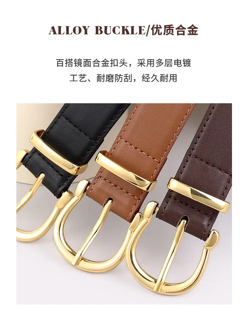 Women's Genuine Leather Belt with Gold Buckle & Pin Detail — feature 3