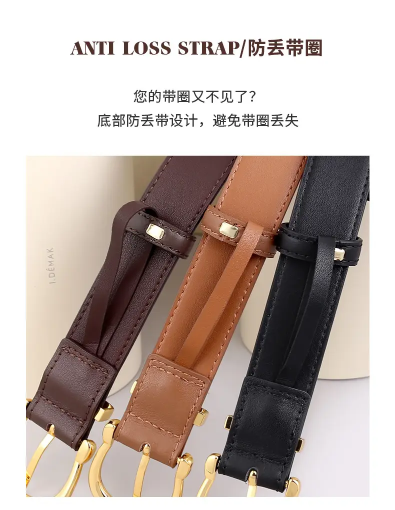 Women's Genuine Leather Belt with Gold Buckle & Pin Detail — feature 4
