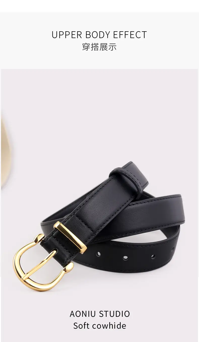 Women's Genuine Leather Belt with Gold Buckle & Pin Detail — feature 8