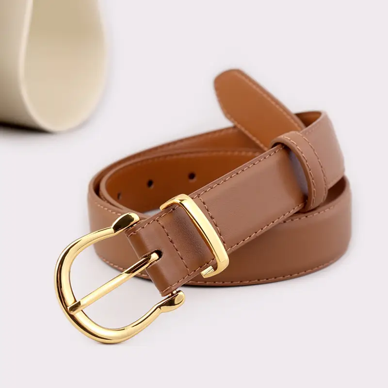 Women's Genuine Leather Belt with Gold Buckle & Pin Detail - Image 2