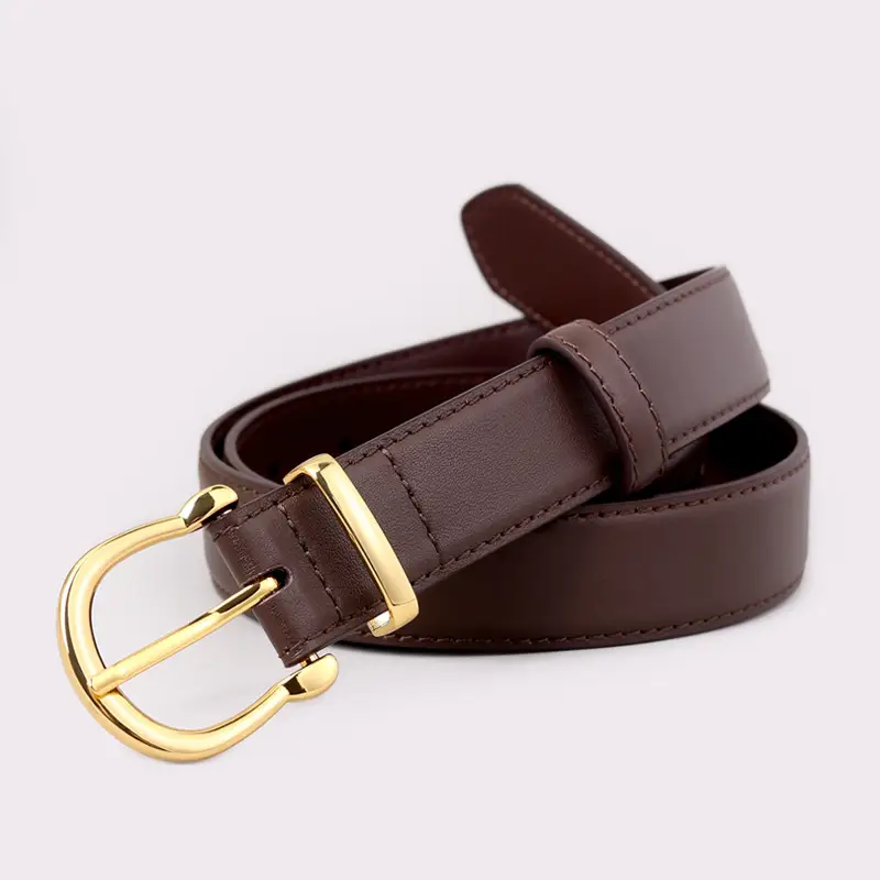 Women's Genuine Leather Belt with Gold Buckle & Pin Detail - Image 3