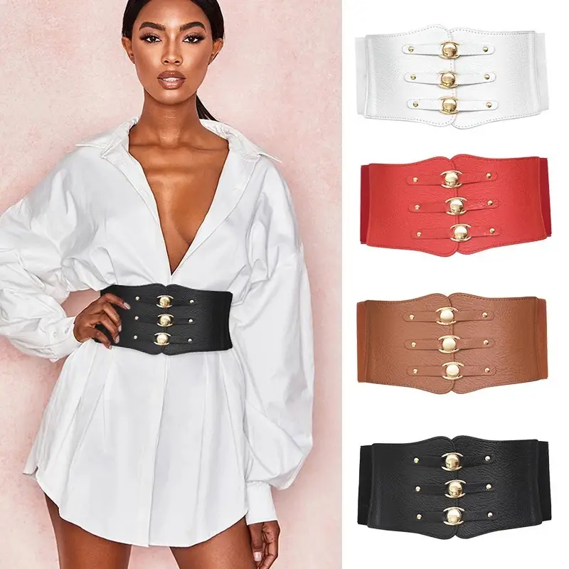 Women's Brown Leather Waist Belt with Metal Buckle