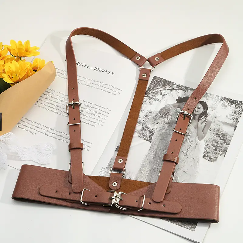 Beige Leather Crossbody Belt Waist Seal Street Dance Vest Plus Size - Image 7