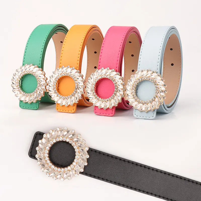Women's Black Rhinestone Belt with Round Buckle - Image 6