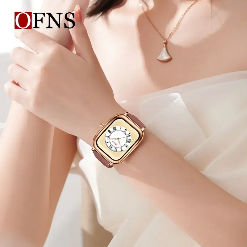 Ofns Square Women's Quartz Watch Black Gold Brown White - Image 11