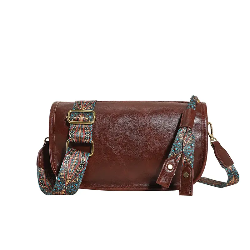 Brown Leather Crossbody Bag with Patterned Strap - Image 3