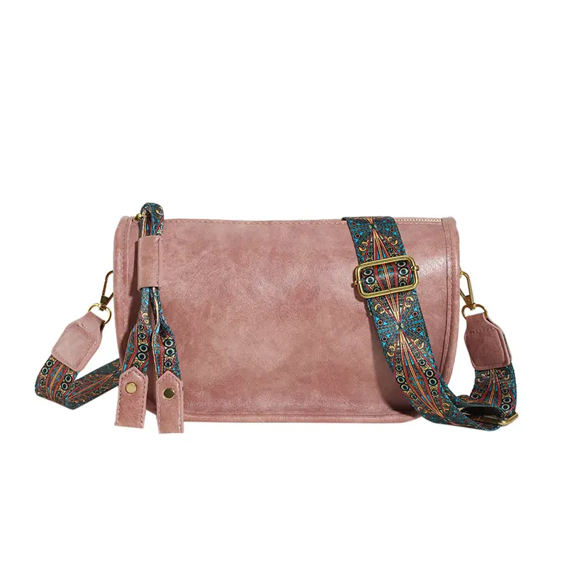 Brown Leather Crossbody Bag with Patterned Strap - Image 4