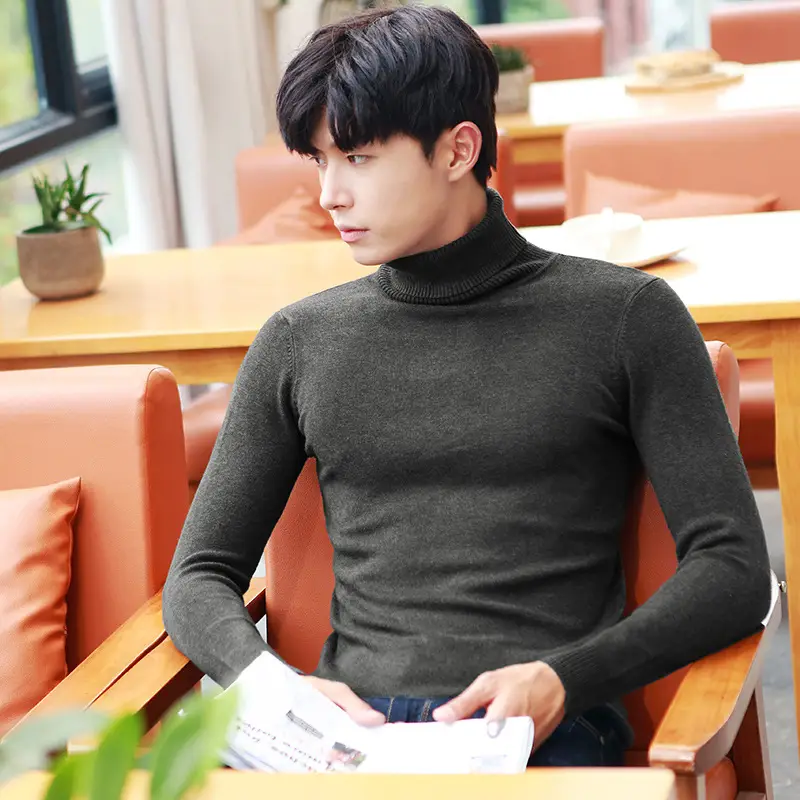 Men's 2023 Turtleneck Sweater Grey Korean Style Semi Knitted - Image 3