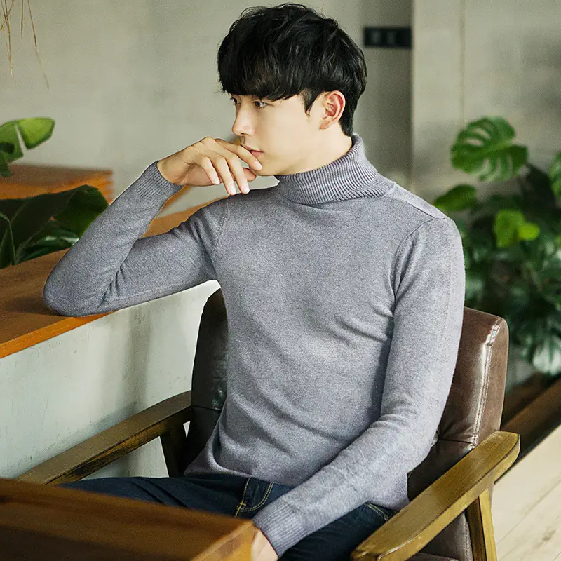 Men's 2023 Turtleneck Sweater Grey Korean Style Semi Knitted - Image 4
