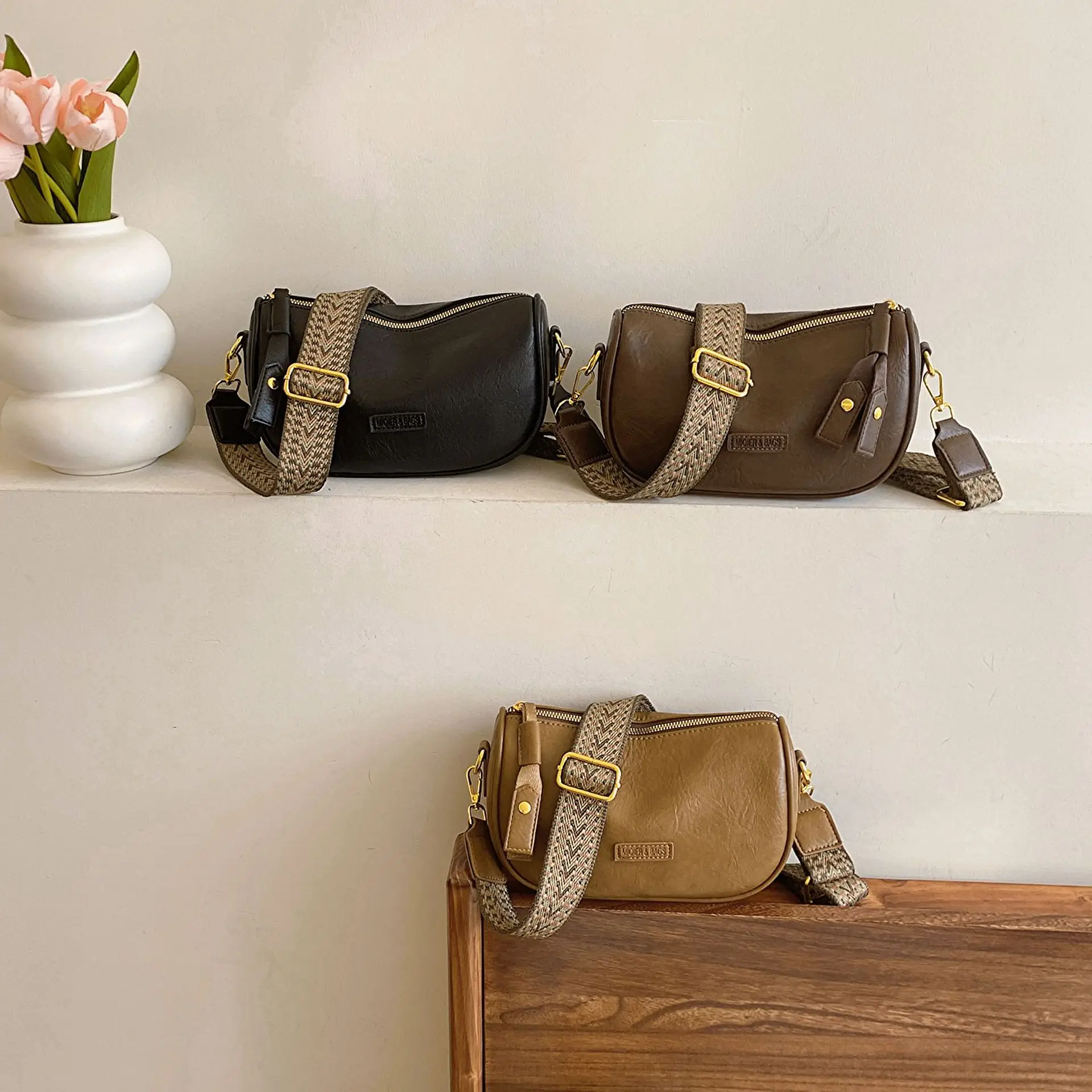 Women's Brown PU Shoulder Bag with Strap - Image 5
