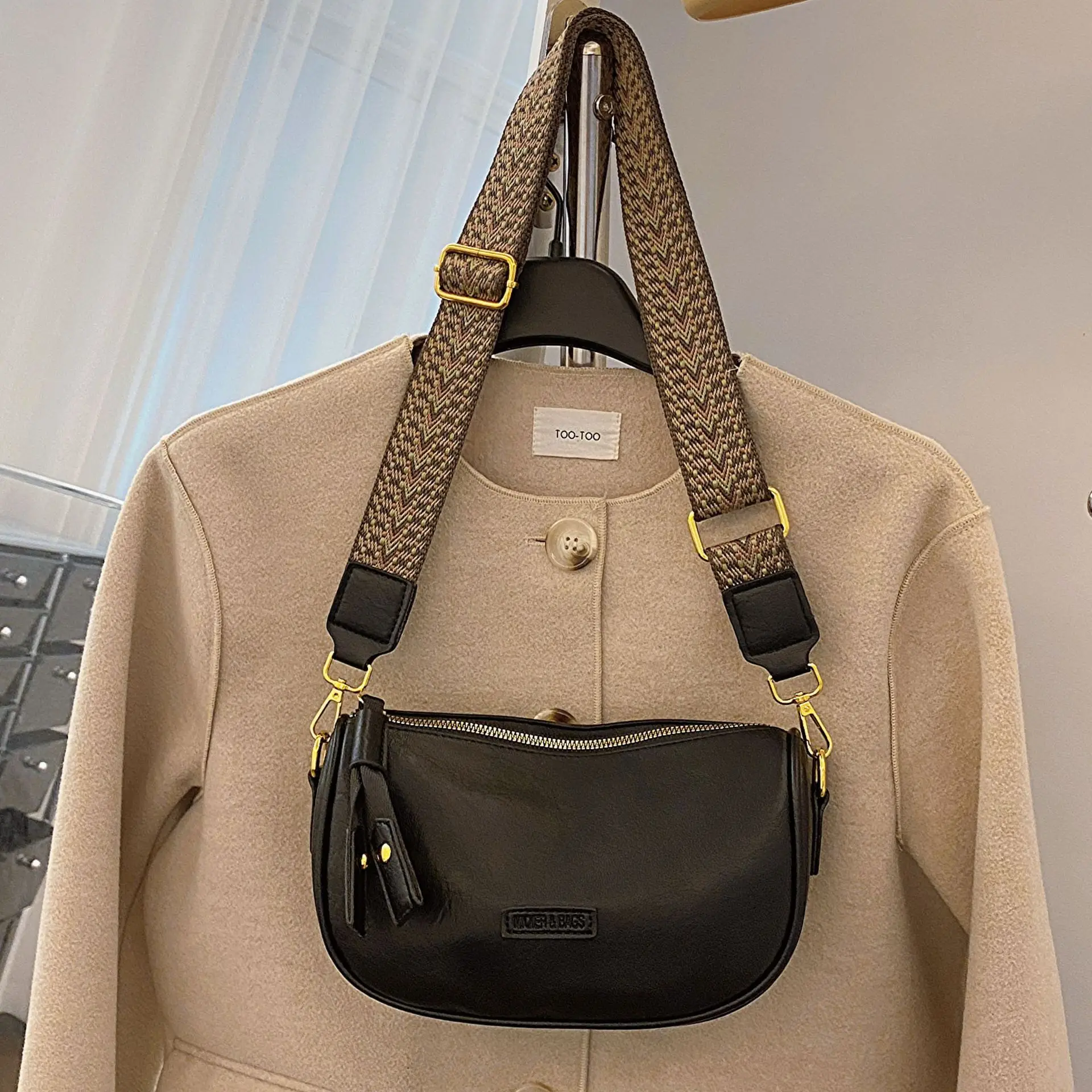 Women's Brown PU Shoulder Bag with Strap - Image 6