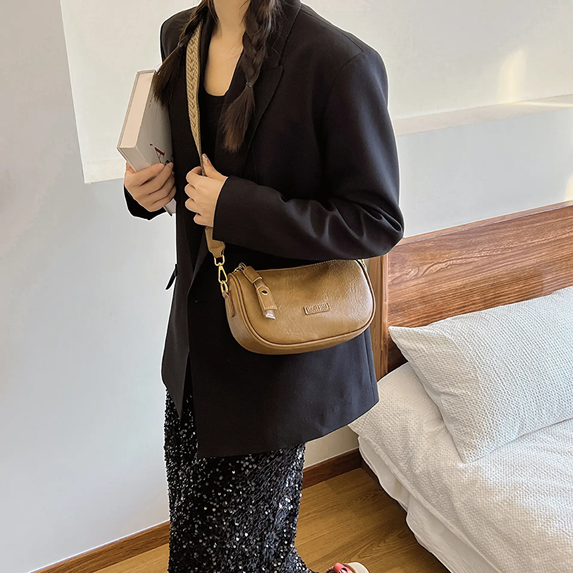 Women's Brown PU Shoulder Bag with Strap — feature 13