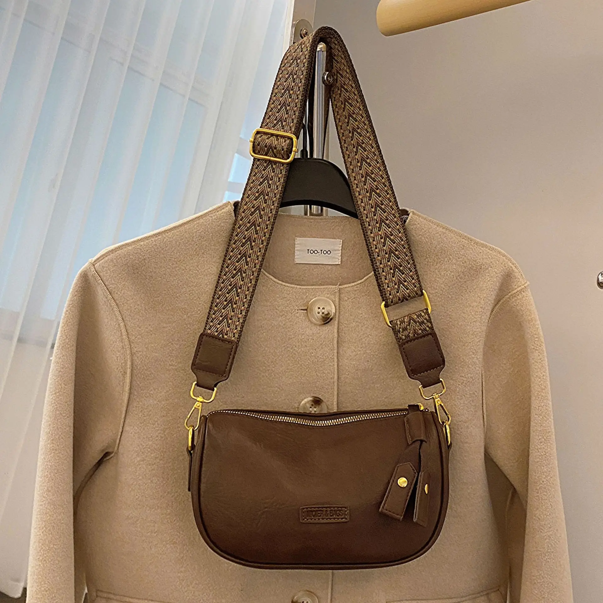 Women's Brown PU Shoulder Bag with Strap - Image 3
