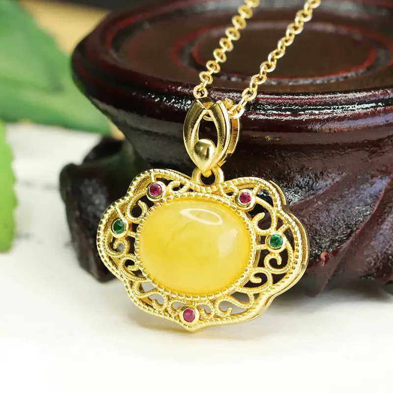 Aiyu Natural Amber Honey Wax Pendant Necklace Women - Image 3