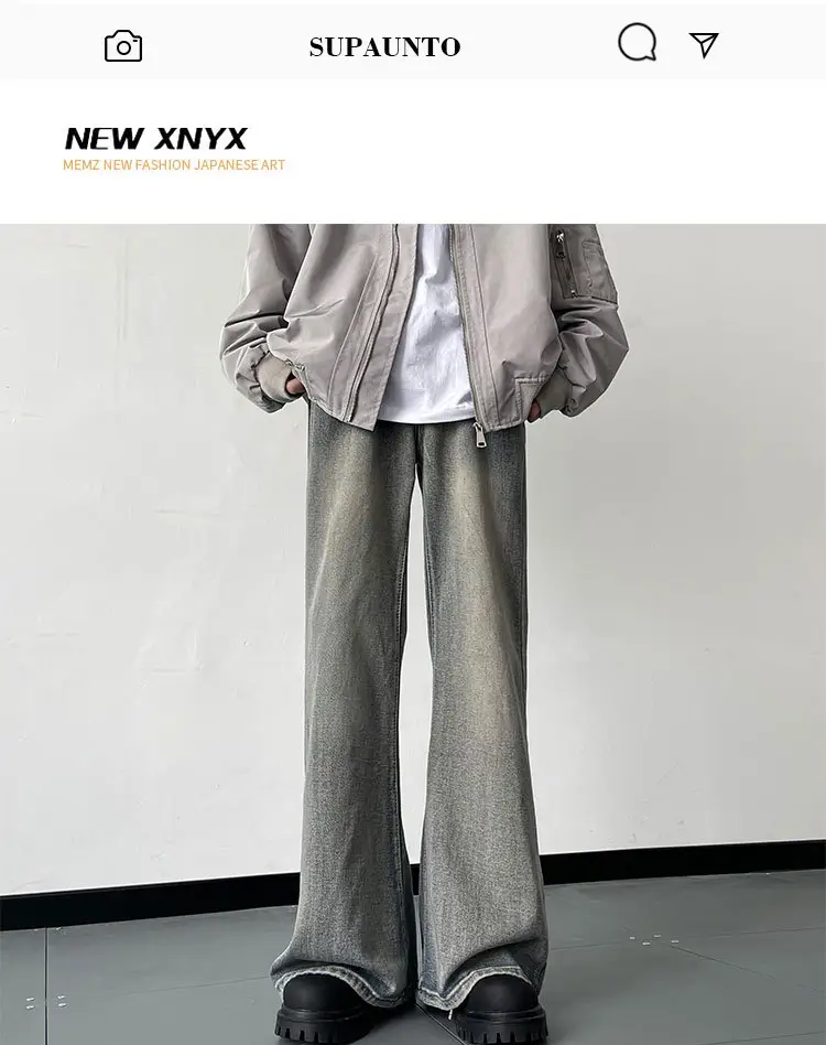 American Vintage Washed Jeans Men's Micro Flared Loose Straight Pants — feature 1