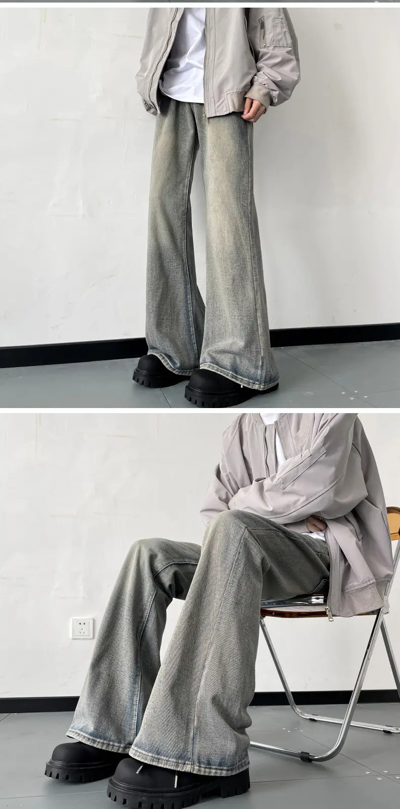 American Vintage Washed Jeans Men's Micro Flared Loose Straight Pants — feature 8