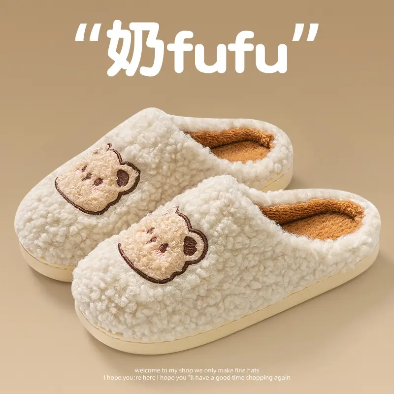 Cute Bear Embroidered Pink Fluffy Slippers Women Winter - Image 4
