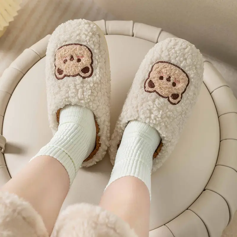 Cute Bear Embroidered Pink Fluffy Slippers Women Winter - Image 5