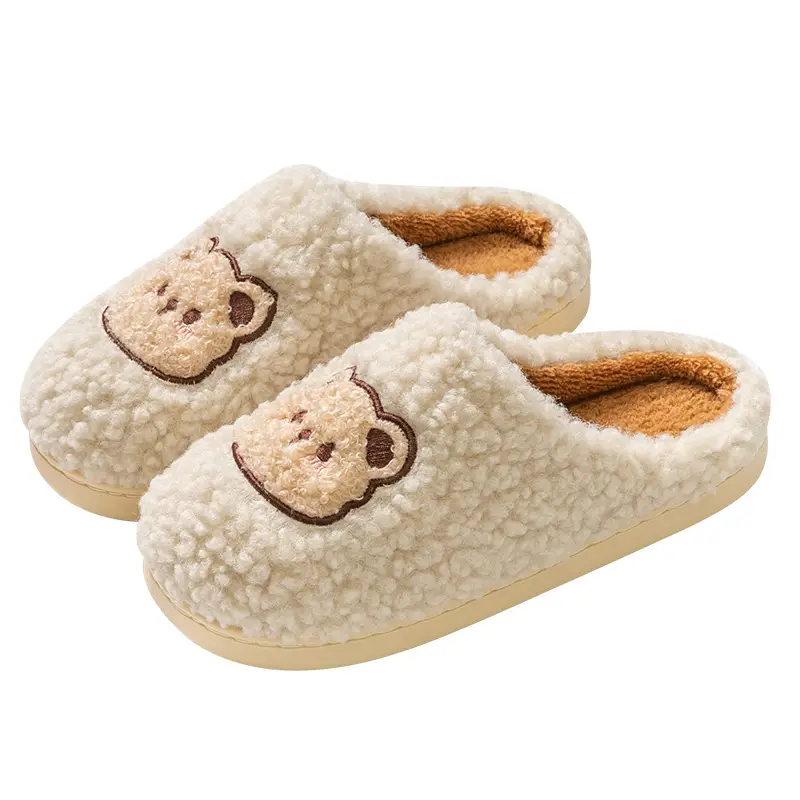 Cute Bear Embroidered Pink Fluffy Slippers Women Winter - Image 8