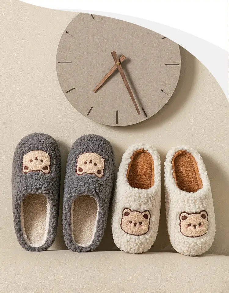 Cute Bear Embroidered Pink Fluffy Slippers Women Winter — feature 11