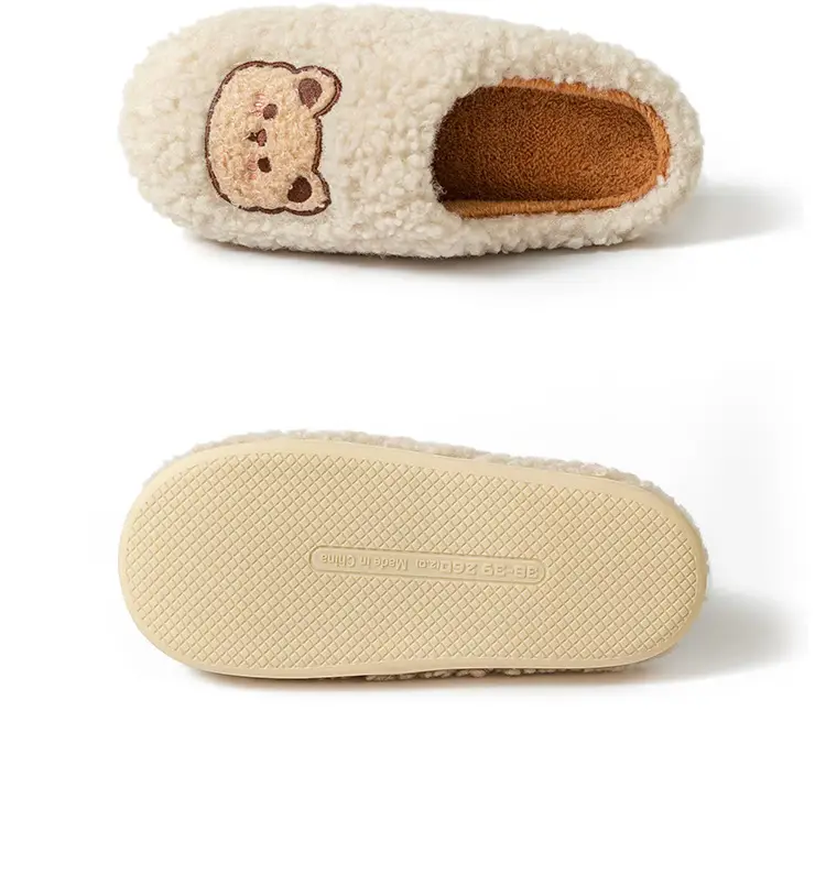 Cute Bear Embroidered Pink Fluffy Slippers Women Winter — feature 21